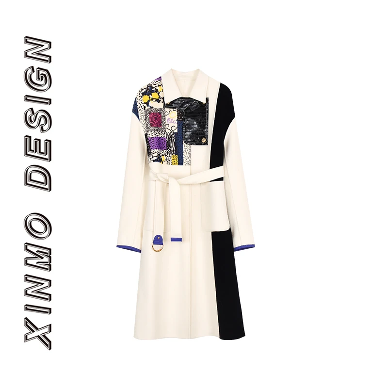 【XINMO.买手店】气质撞色拼接翻领长款羊毛大衣外套C22091510
