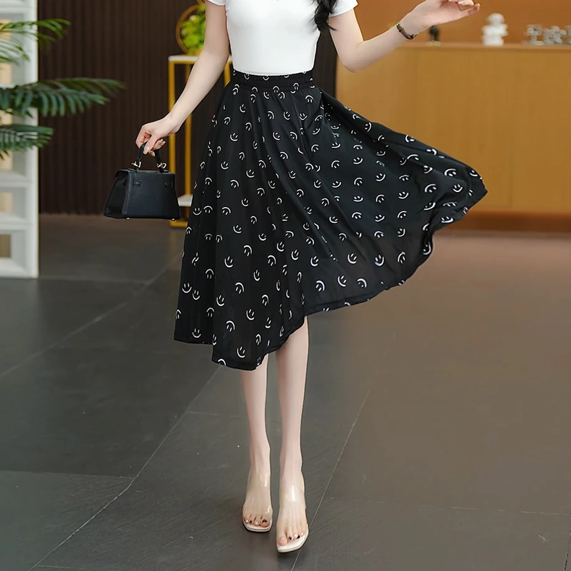 2024新款【笑脸款】薄款冰丝半身裙高腰显瘦A字大摆裙妈妈半身裙