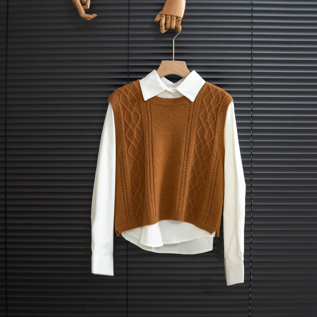 秋冬叠穿百搭短款马甲圆领无袖显瘦女装上衣+纯色肌理感衬衫