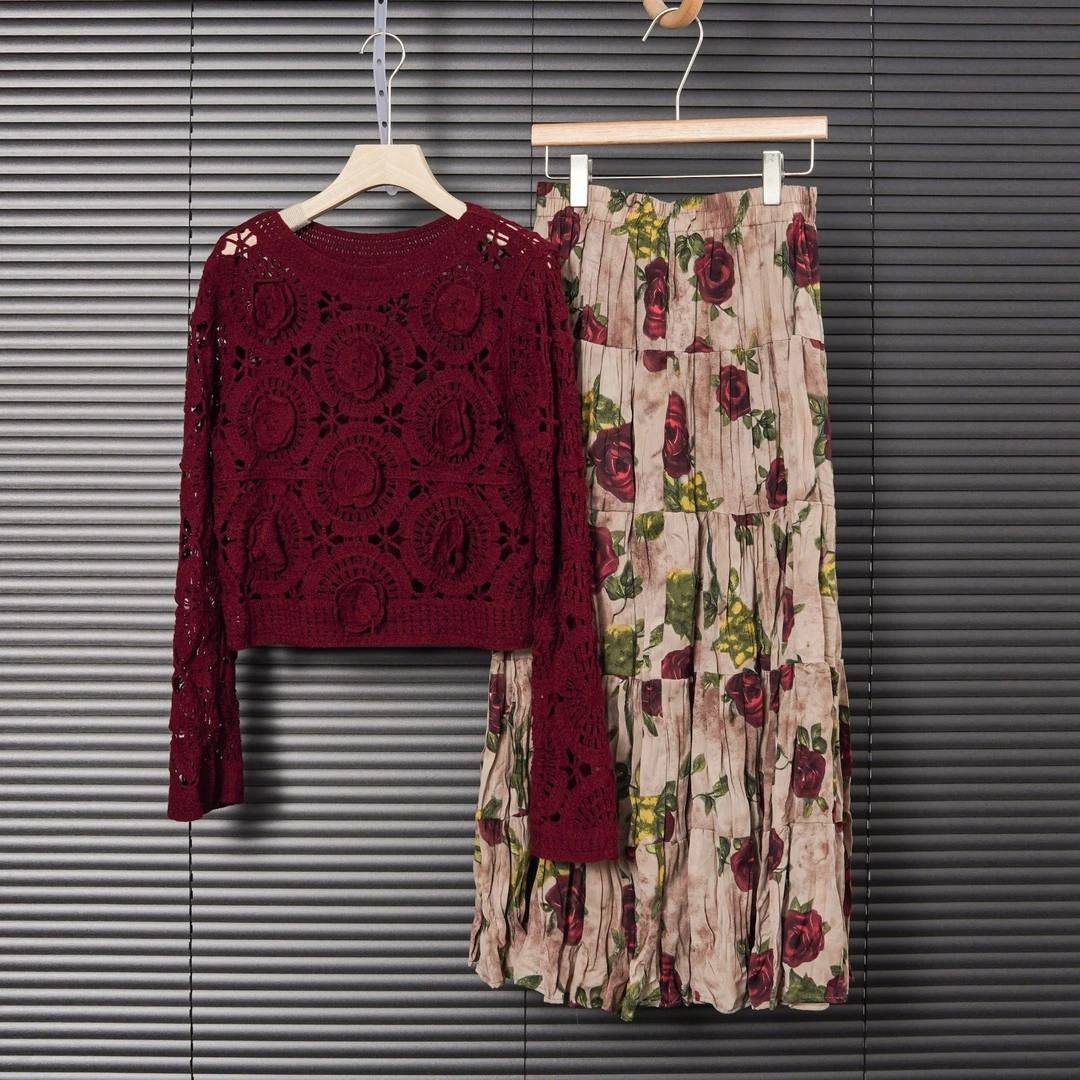 2025新款简约玫瑰针织女垂感褶皱拼接半身高腰五一旅游出街衣服