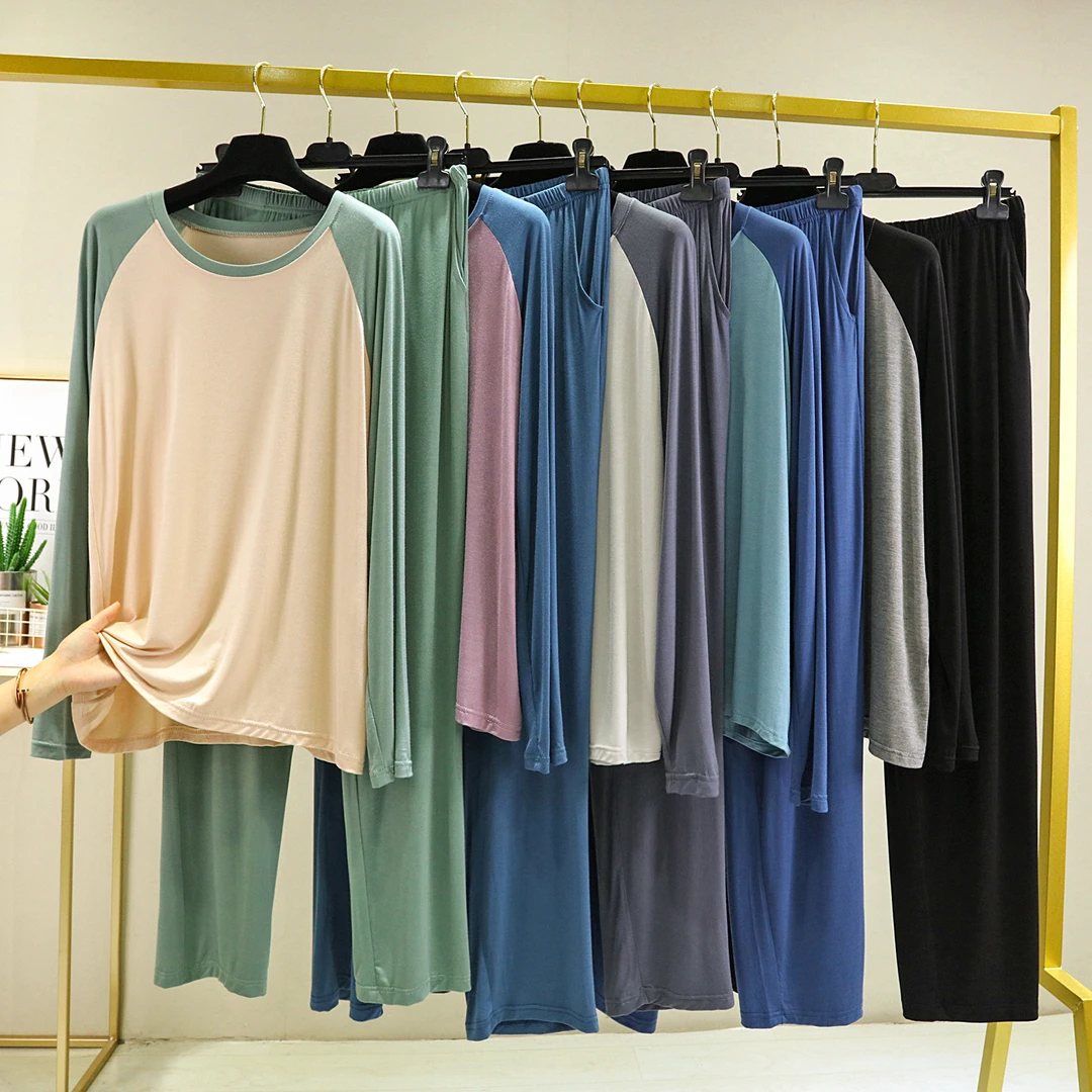 春夏情侣薄款莫代尔长袖圆领大码透气休闲套装新款男女宽松版睡衣