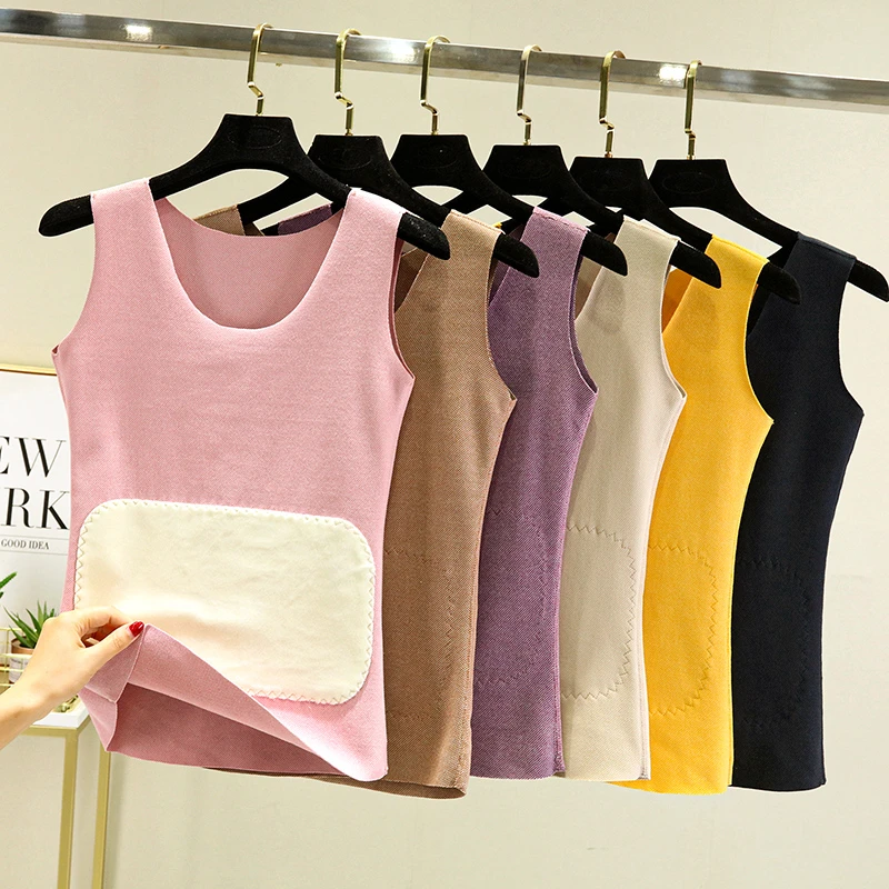 德绒女士圆领无痕保暖背心秋冬加绒加厚修身内搭休闲贴片无袖上衣