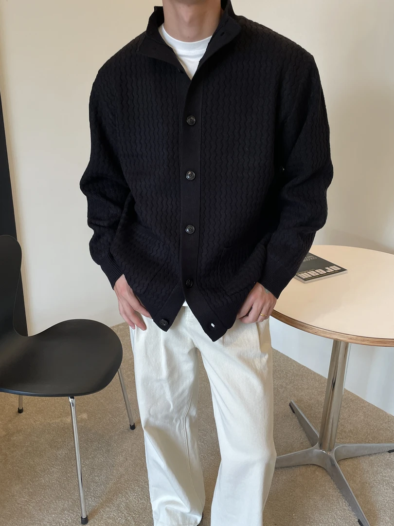 1106美式休闲男士立领开衫外套宽松弹力简约提花亲肤毛衣外套秋冬