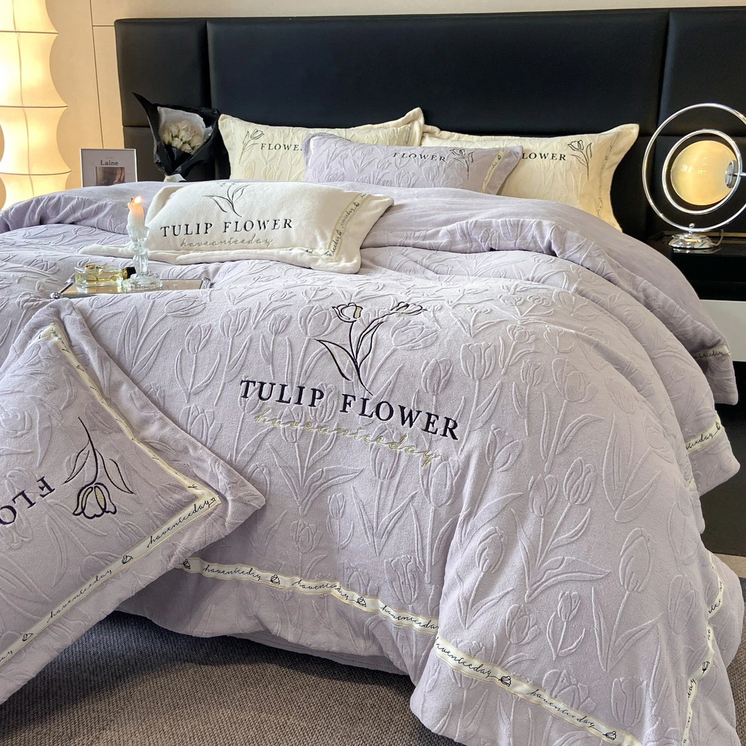 【不老的爷爷家居】zb高克重雕花珍珠牛奶郁金香绒四件套-【郁金香】