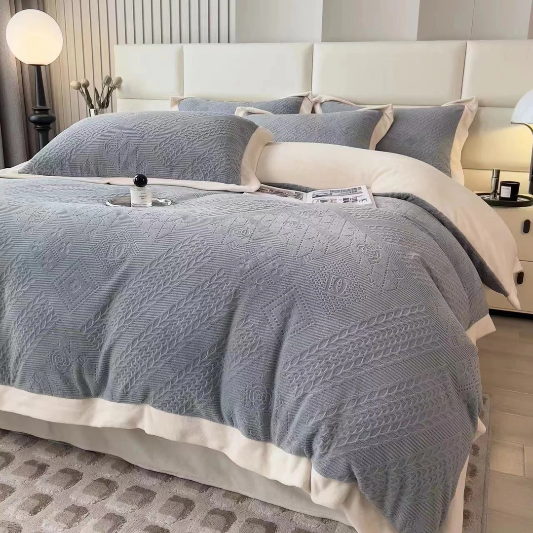 不老的爷爷单品多功能双面轻奢高克重牛奶加绒雕花四件套时尚风灰