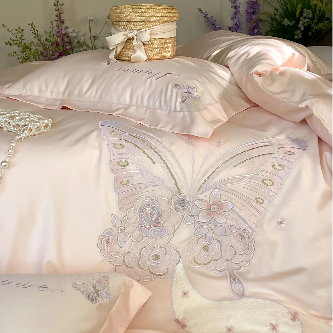 不老的爷爷nsi简奢高支亲肤全棉刺绣绣花zb被套四件套流光溢蝶