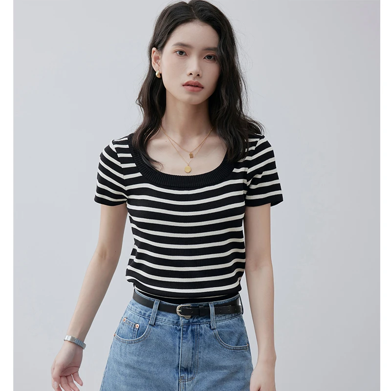 2025夏季新款正肩方领冰丝条纹气质短袖T恤打底针织百搭精致上衣