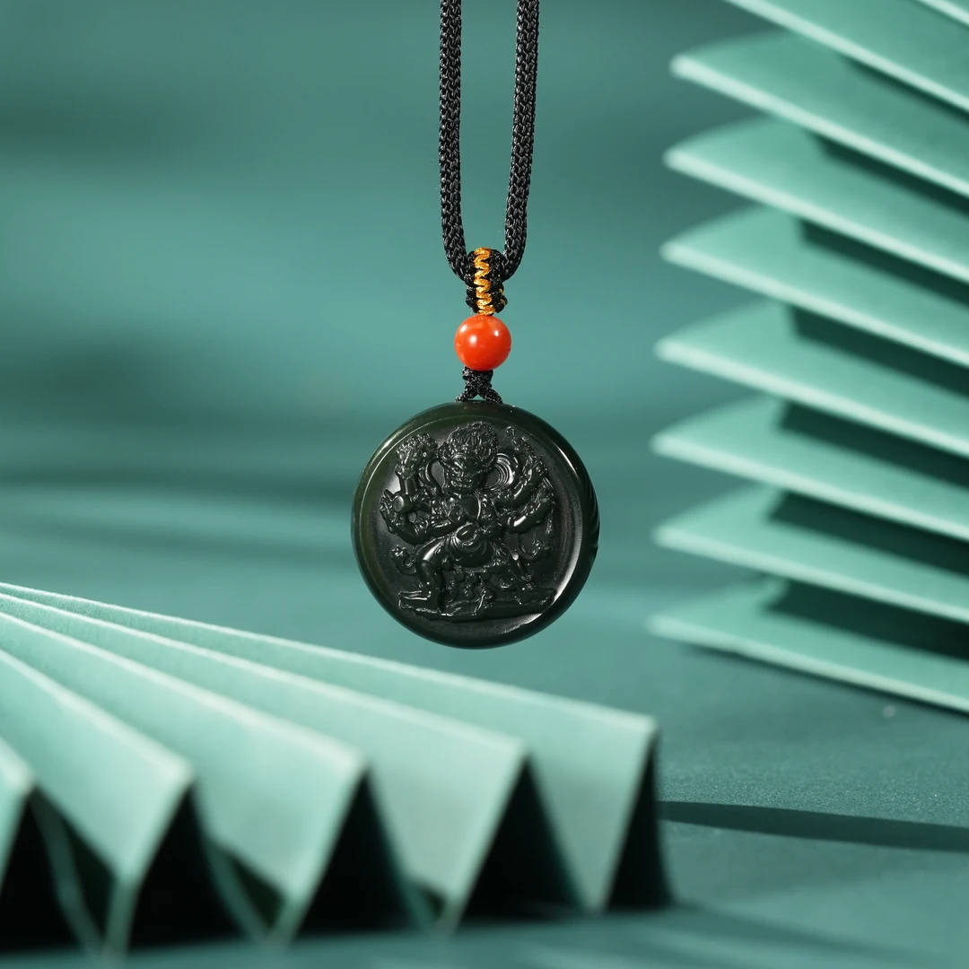 壹加安琪 | 和田玉塔青大黑天圆牌吊坠多样性发一