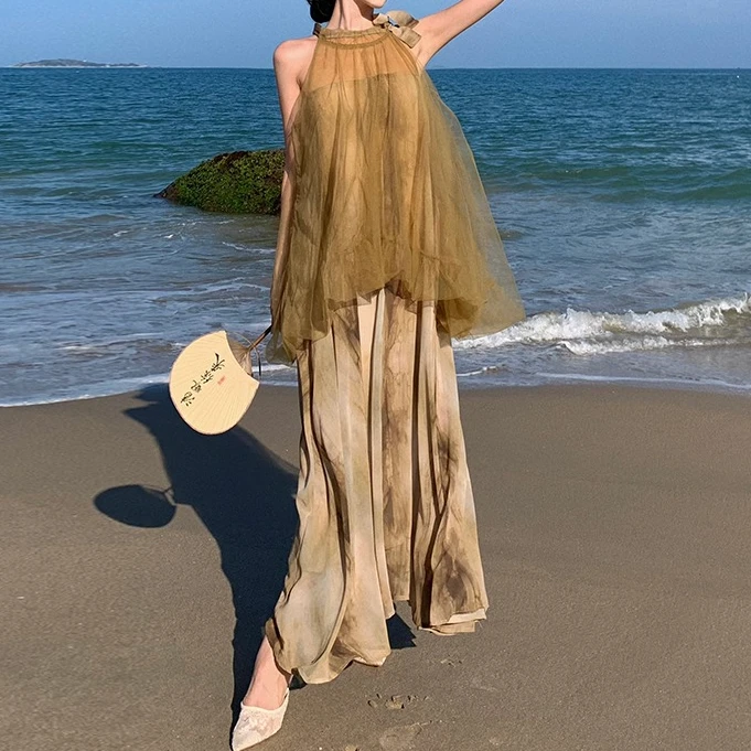 新中式挂脖小众连衣裙女改良禅意晨袍仙女网纱扎染假两件无袖裙子