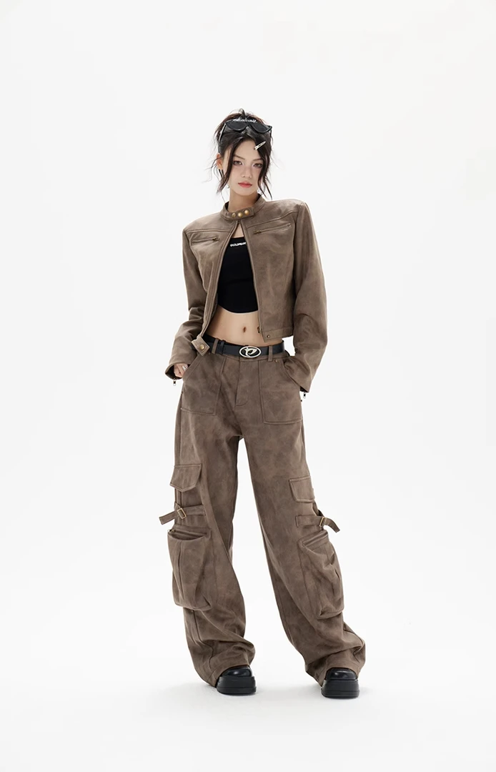 美式复古机车短款美拉德皮衣夹克外套女2024秋新款套装