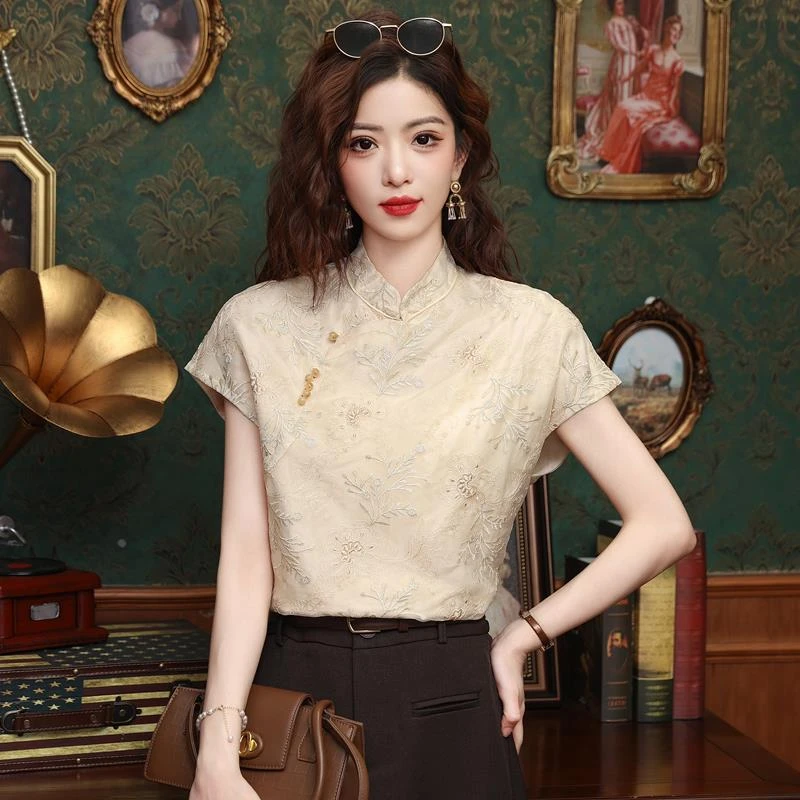 新中式轻国风真丝衬衫女士立领刺绣短袖小衫2024夏新款桑蚕丝上衣