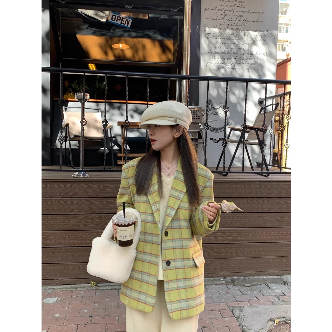 绿色格子西装毛呢外套女韩系秋冬高级感复古风单排扣西服帅气百搭