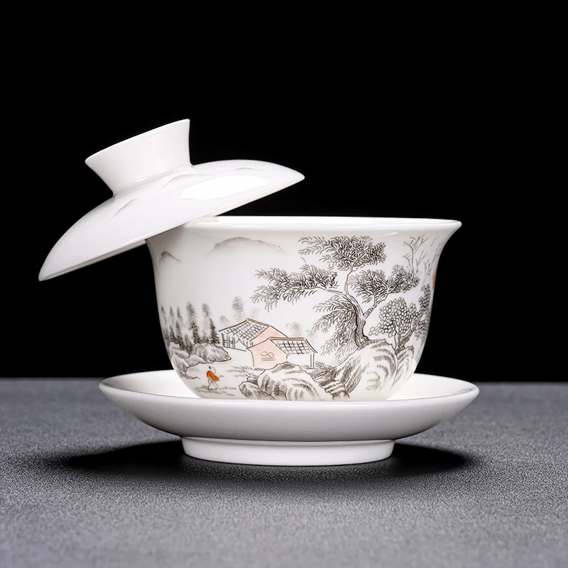 高档羊脂玉功夫茶具可悬停盖碗中式三才盖带盖陶瓷防烫茶盖碗简约