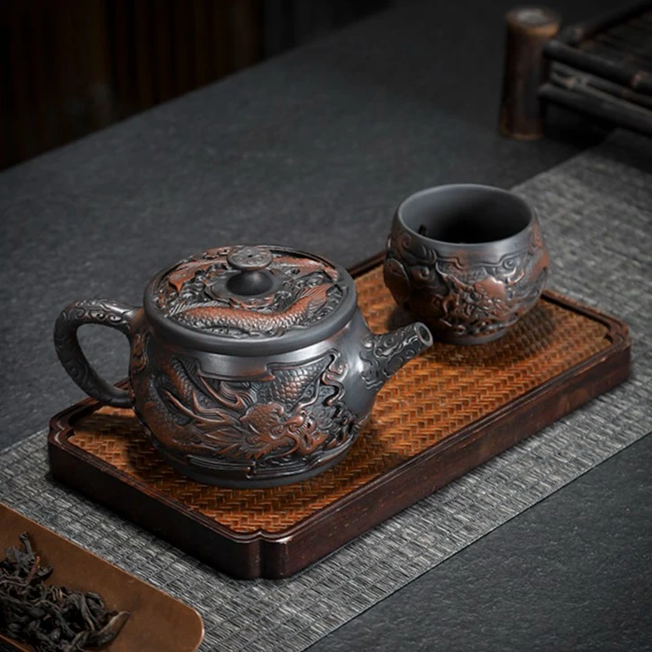 云南建水紫陶满雕深雕龙凤泡茶壶大容量300CC全手工正品证书礼盒