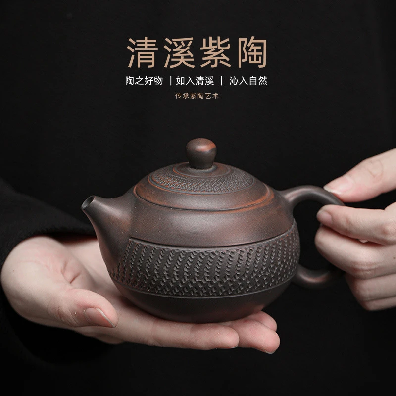 紫陶西施壶中式手工茶壶跳刀纹磨光陶瓷功夫茶壶单壶泡茶器家用