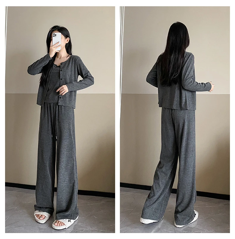 秋季糯米三件套新款运动休闲套装百搭显瘦长袖宽松开衫高腰阔腿裤