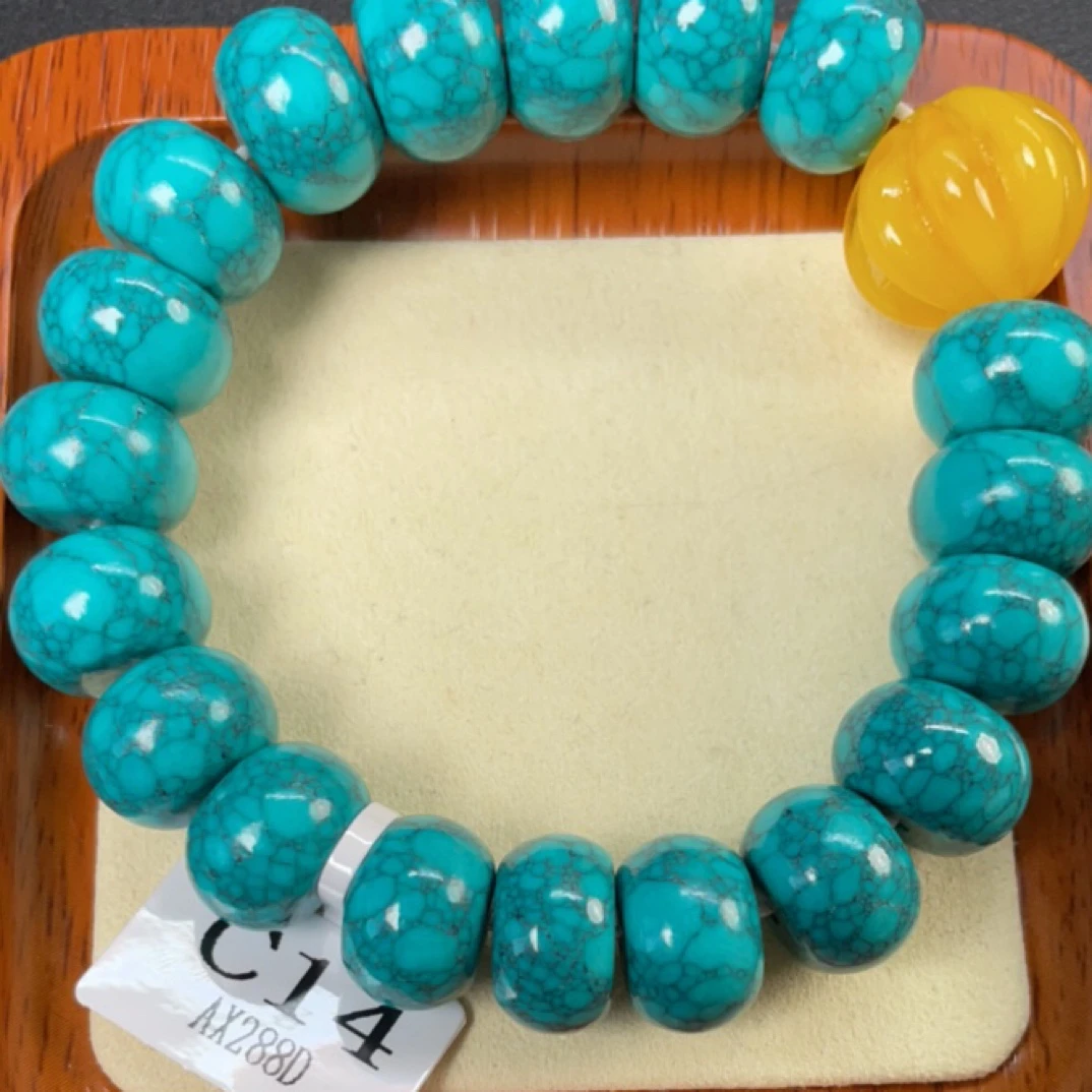 【人工处理】C14湖北十堰人工处理绿松石手串雾蓝花桶DIY14mm