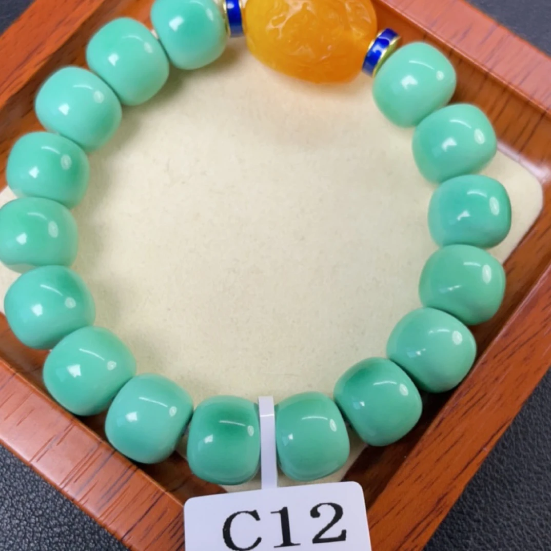 【人工处理】C12湖北十堰人工处理绿松石手串云盖蓝桶DIY12mm