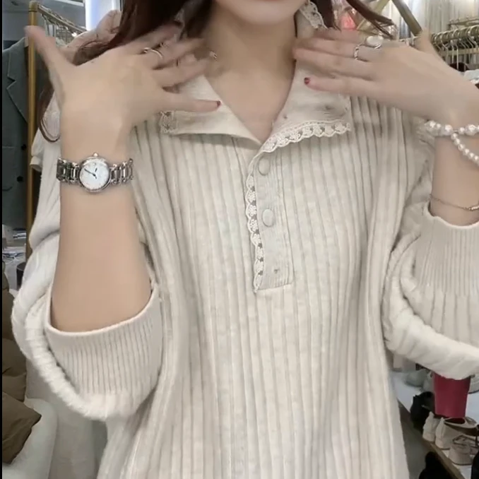 2025时尚新款立领蕾丝花边半开针织毛衣