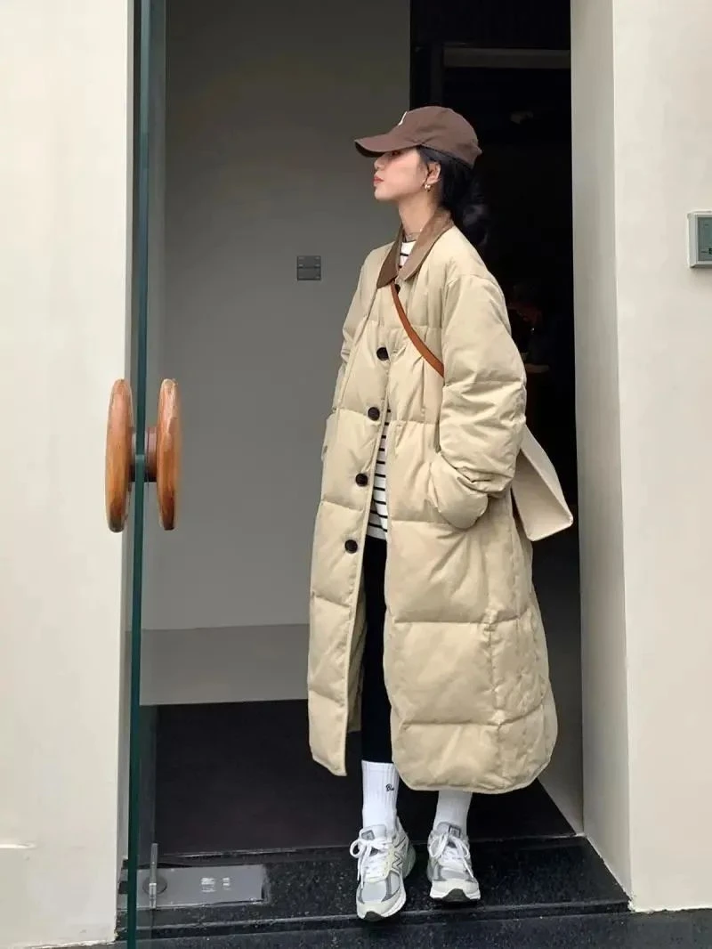 羽绒服长款服学院风女白韩系宽松过膝2023秋冬季外套