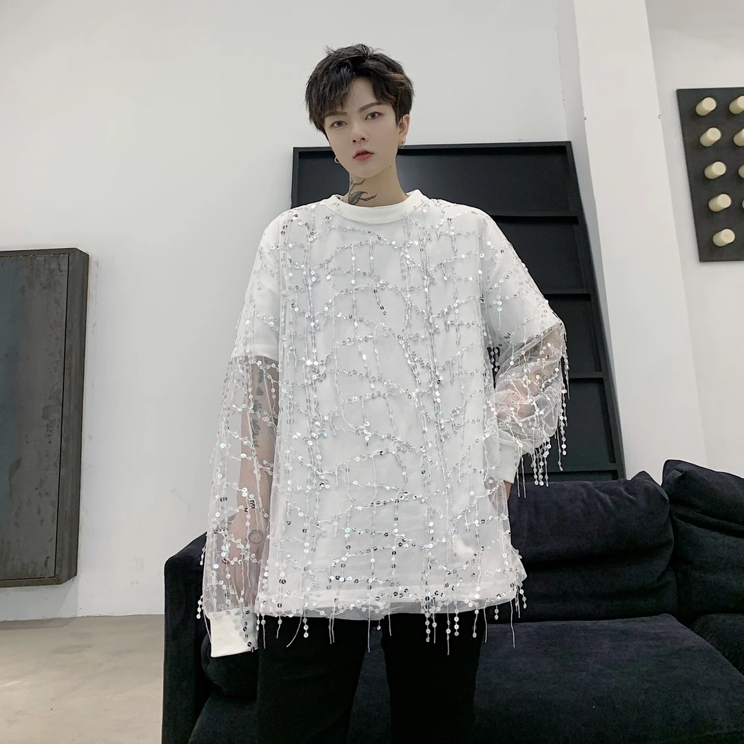 夏季小众网纱亮片炸街男女时尚潮流流苏设计感高级t恤演出舞台装