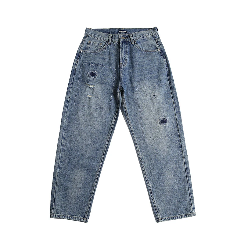 四季百搭街头微锥版水洗复古补丁牛仔裤男宽松高街
