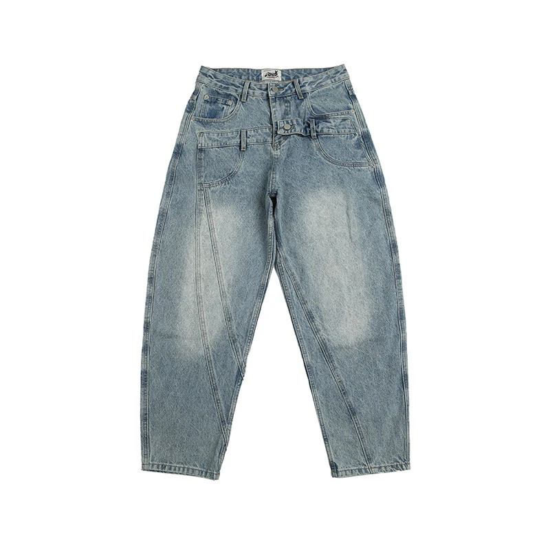 重磅美式复古双裤头门襟水洗牛仔裤男微锥宽松长裤