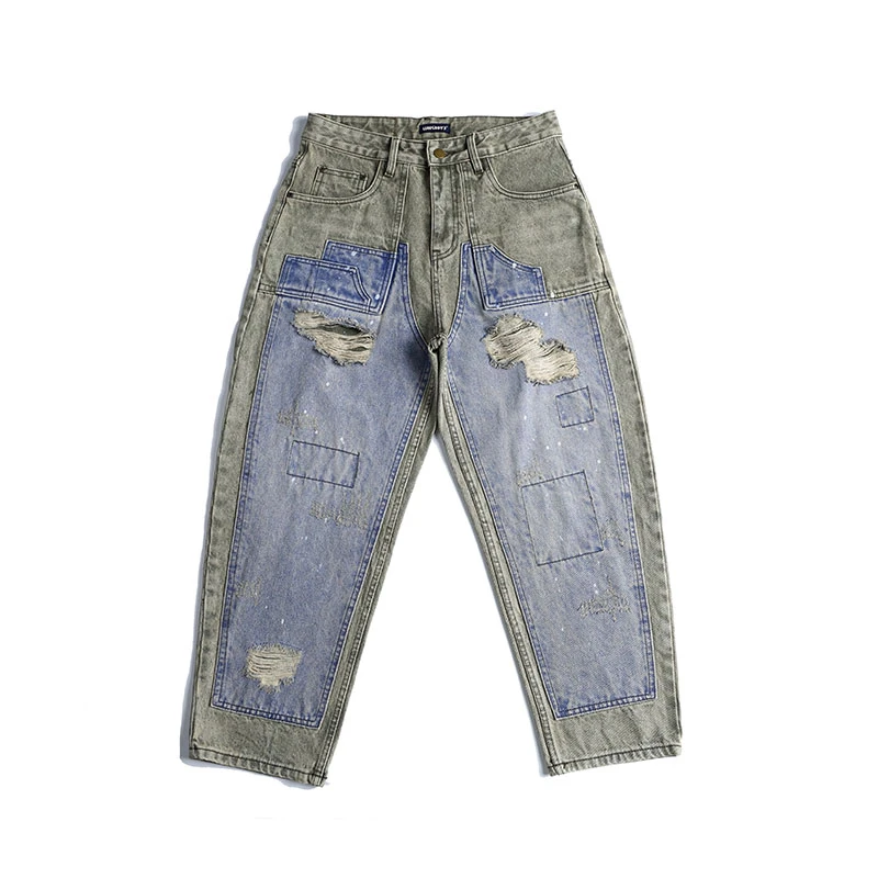 美式复古撞色拼接做旧破洞水洗牛仔男女微锥版情侣泼漆四季长裤
