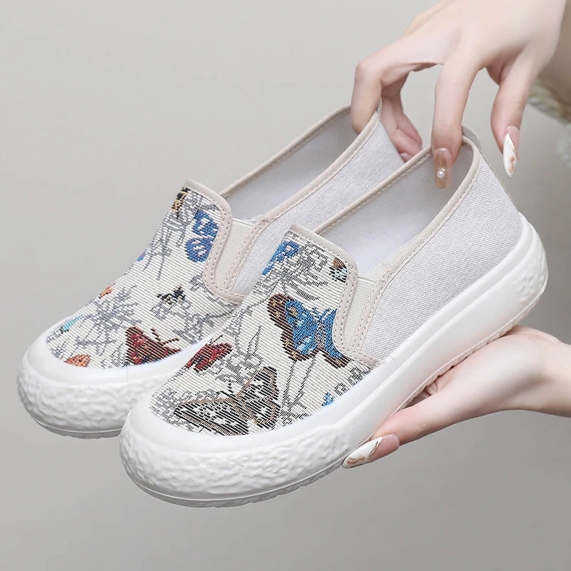 春季新款彩绘帆布鞋女鞋一脚蹬懒人厚底时尚休闲布鞋平底百搭单鞋