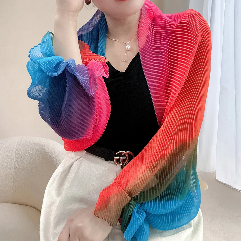 宽松版靓丽渐变夏季薄款荷叶袖开衫配裙子女清凉透气丝巾春夏拼色
