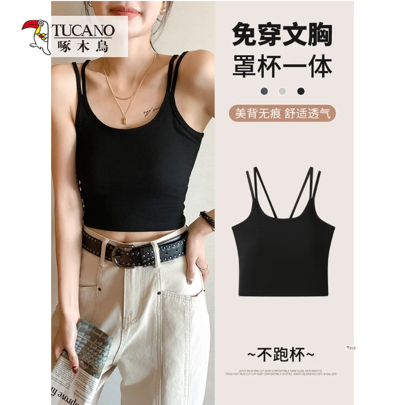 啄木鸟JS文胸一体棉质黑色吊带背心女内搭外穿带胸垫美背百搭上衣