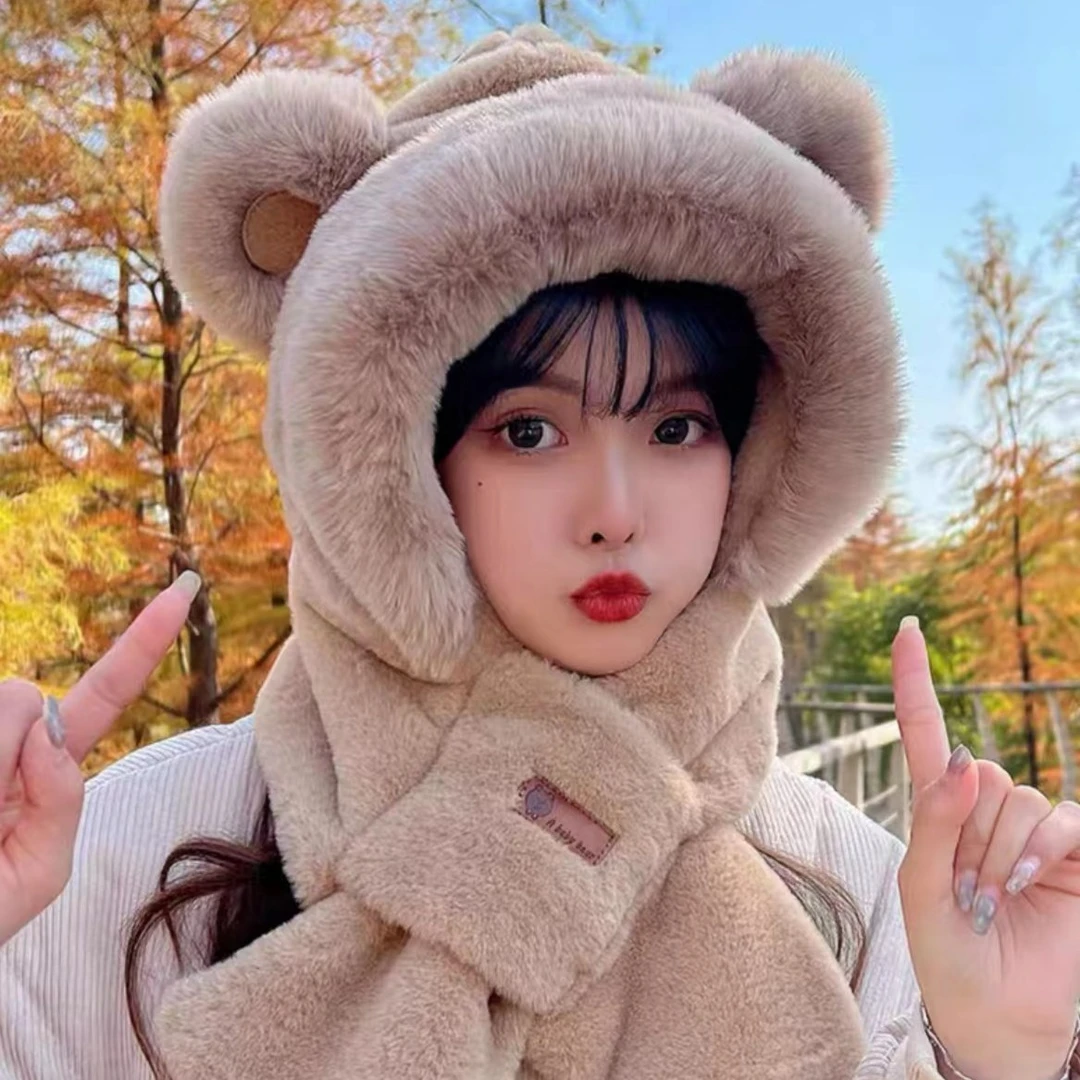 可爱小熊帽毛绒围脖帽子女秋冬季新款加厚保暖仿皮草显脸小百搭
