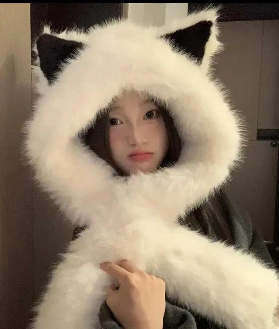 新款加厚毛绒狐狸耳朵帽子围脖一体防寒保暖帽