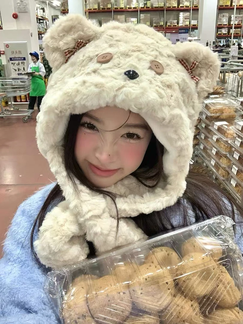 卡通小熊毛绒帽秋冬围巾帽子一体加厚防风保暖围脖雷锋帽