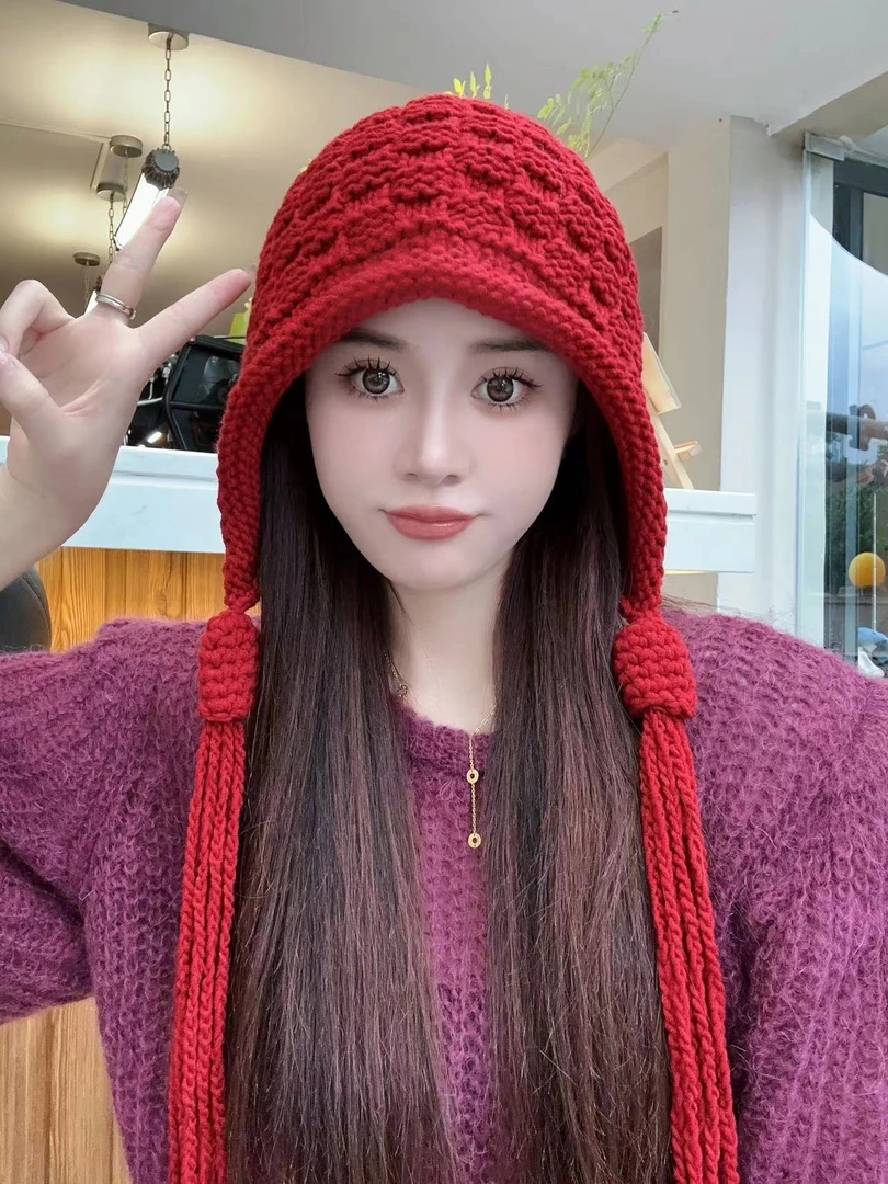 秋冬新款针织帽女手工编织流苏毛线帽保暖方圆脸