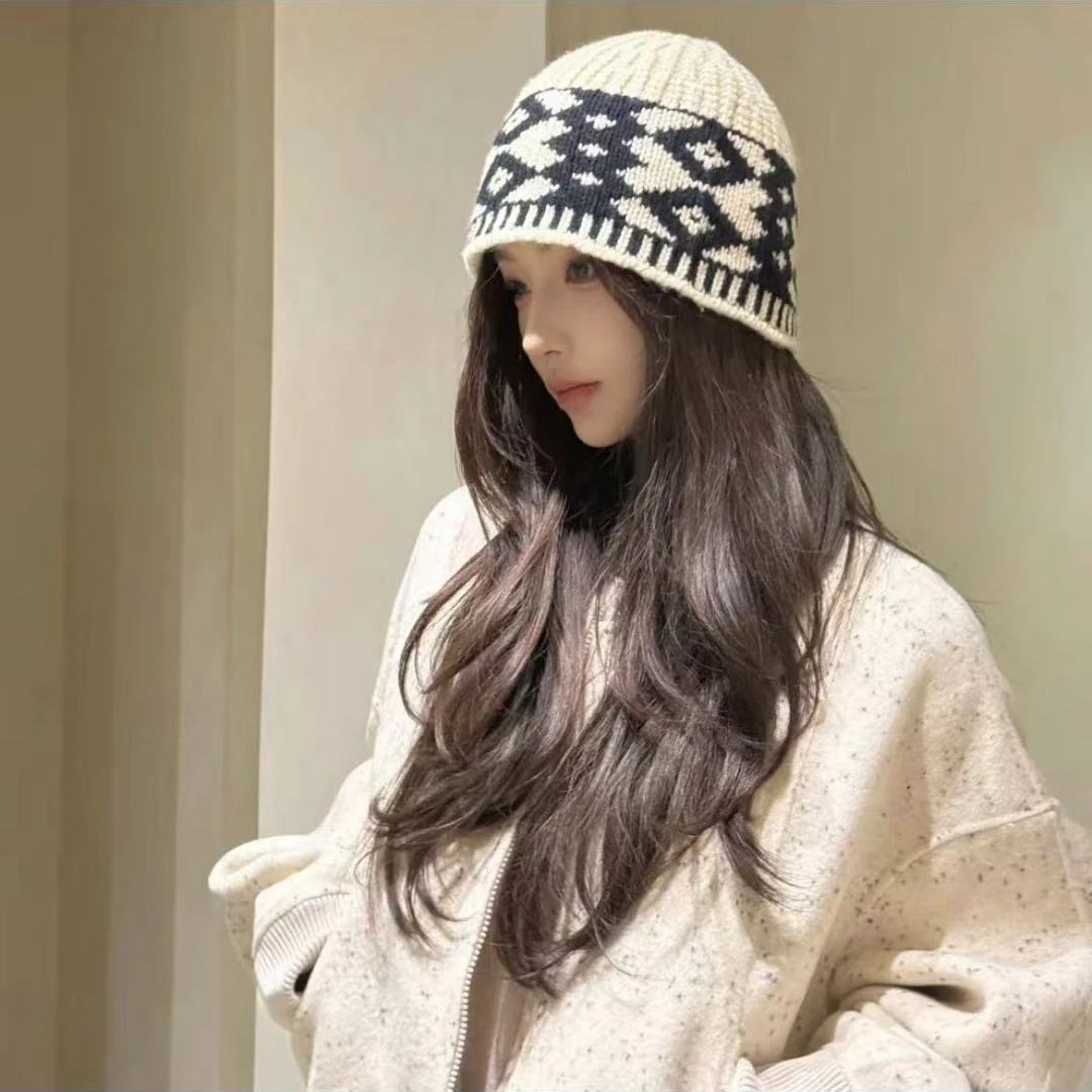 复古拼色菱形格子针织毛线帽女新款秋冬显脸小包头冷帽保暖帽子