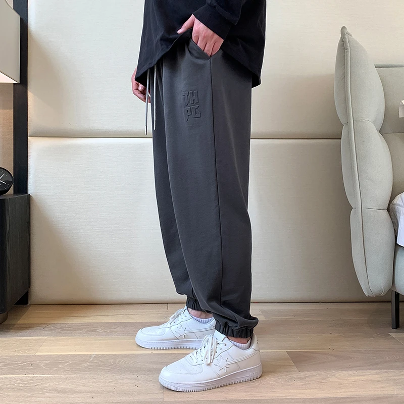 大码男装立体压花胖子潮流简约加肥加大夏季宽松束脚休闲运动长裤