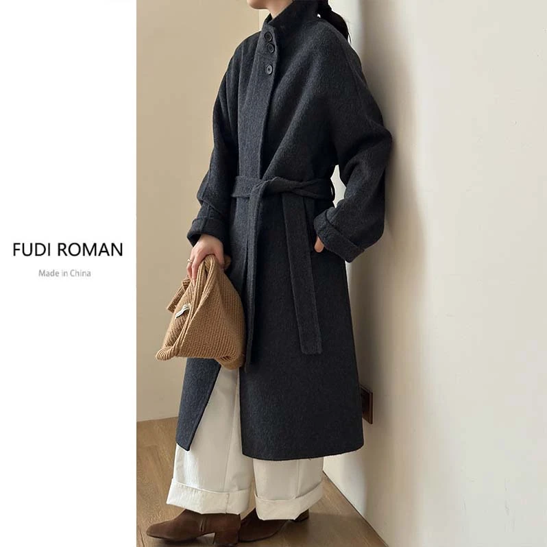 轻奢小众立领高级感双面绵羊毛大衣女过膝秋冬新款赫本风高贵气质