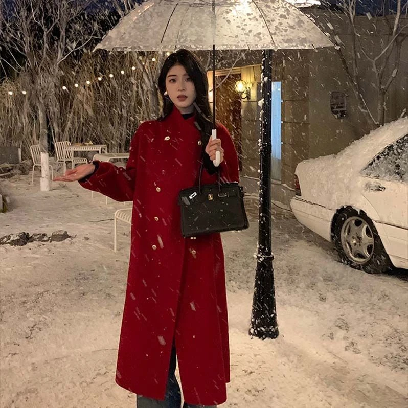 过年战袍新年红色双面呢子羊绒大衣女洋气结婚冬长款羊毛毛呢外套