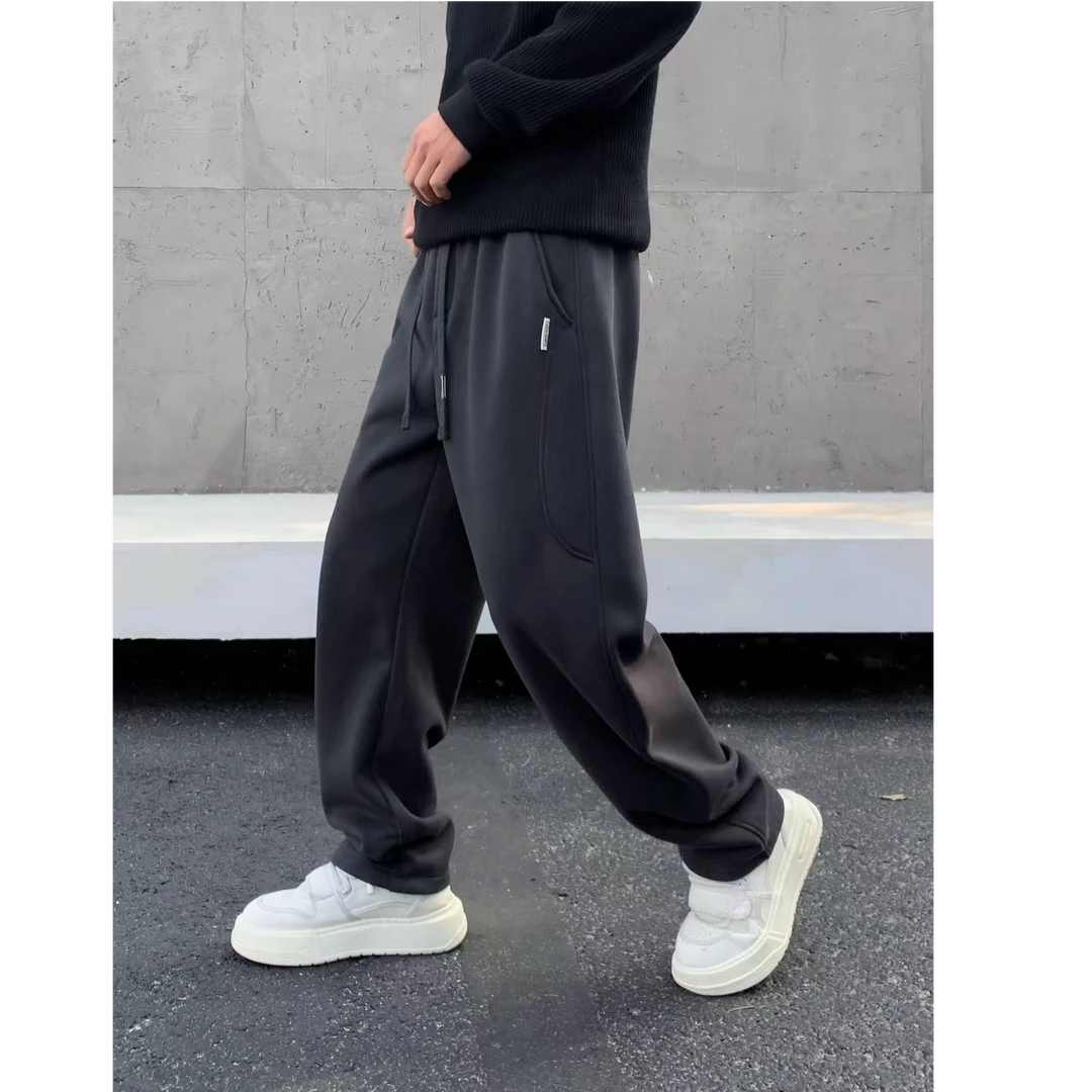 冬季新款加绒加厚时尚简约休闲裤男加绒刺绣卫裤直筒百搭长裤