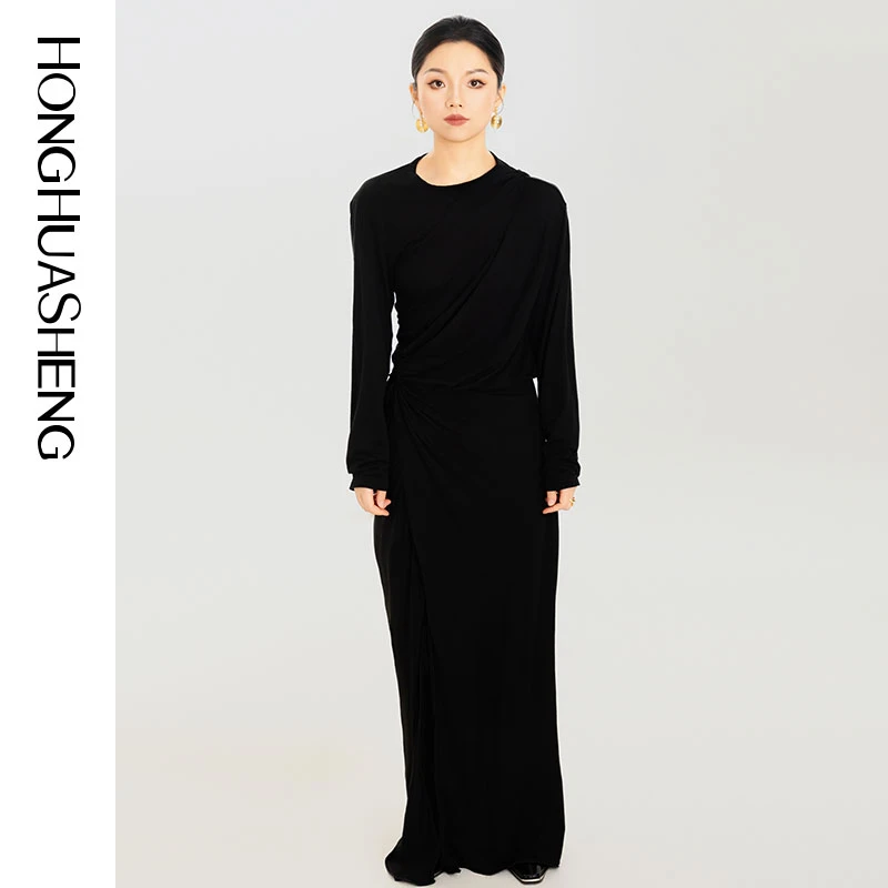 HONGHUASHENG2024秋季新款女装设计感经典纽结褶皱修身开衩连衣裙