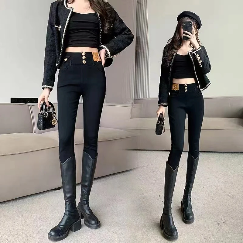 高腰修身显瘦小黑裤外穿打底裤女小个子弹力黑色2023春秋款长裤子