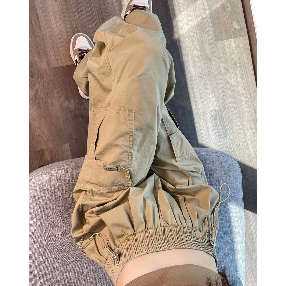 直筒阔腿登山裤美式阔腿工装裤春夏季新款松紧高腰休闲束脚运动裤
