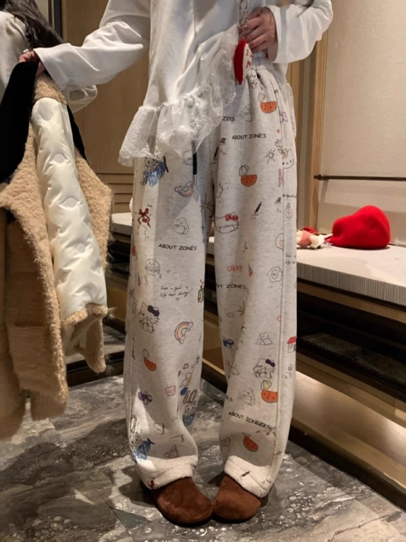 印花加厚卫裤女2024秋冬新款高腰显瘦宽松垂感拖地阔腿直筒休闲裤