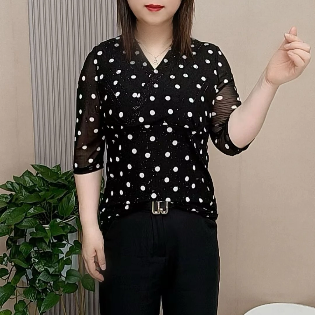 高贵优雅中老年女装交叉领烫钻修身显瘦遮肚减龄百搭气质中袖上衣