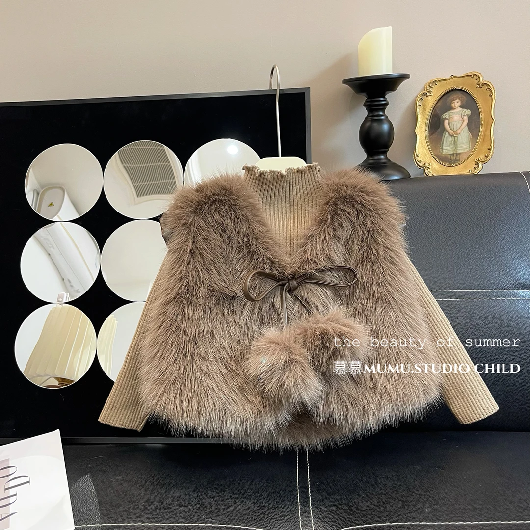 女童套装秋2023秋冬新款儿童百搭女宝宝针织毛衣+毛毛马甲两件套