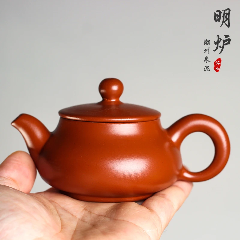 明炉壶120毫升宽口大扁身潮州原矿朱泥茶壶半手工模具小容量三杯