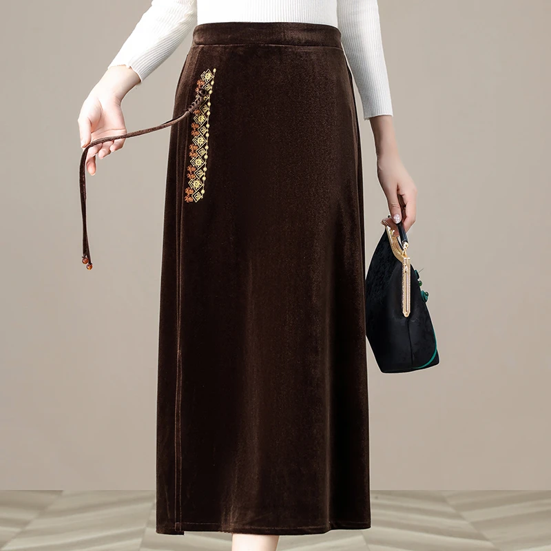 金丝绒半身裙女春秋冬开叉复古一步裙高端包臀裙显瘦半身裙  878