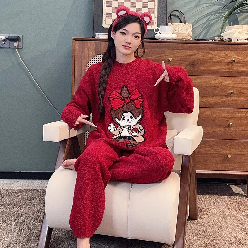 JIUJIU半边绒睡衣秋冬睡衣加厚套装长袖家居服jg066