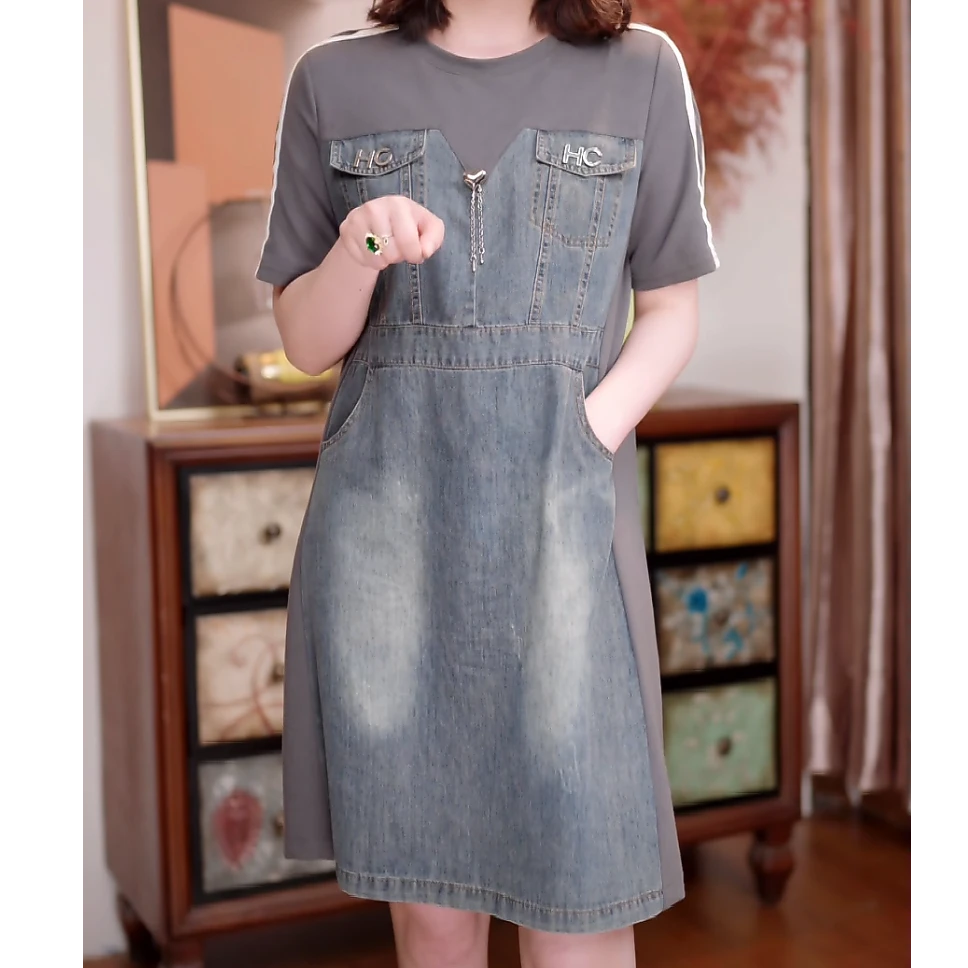 高贵上档次女装减龄假两件连衣裙2024夏季新款宽松显瘦圆领裙子女